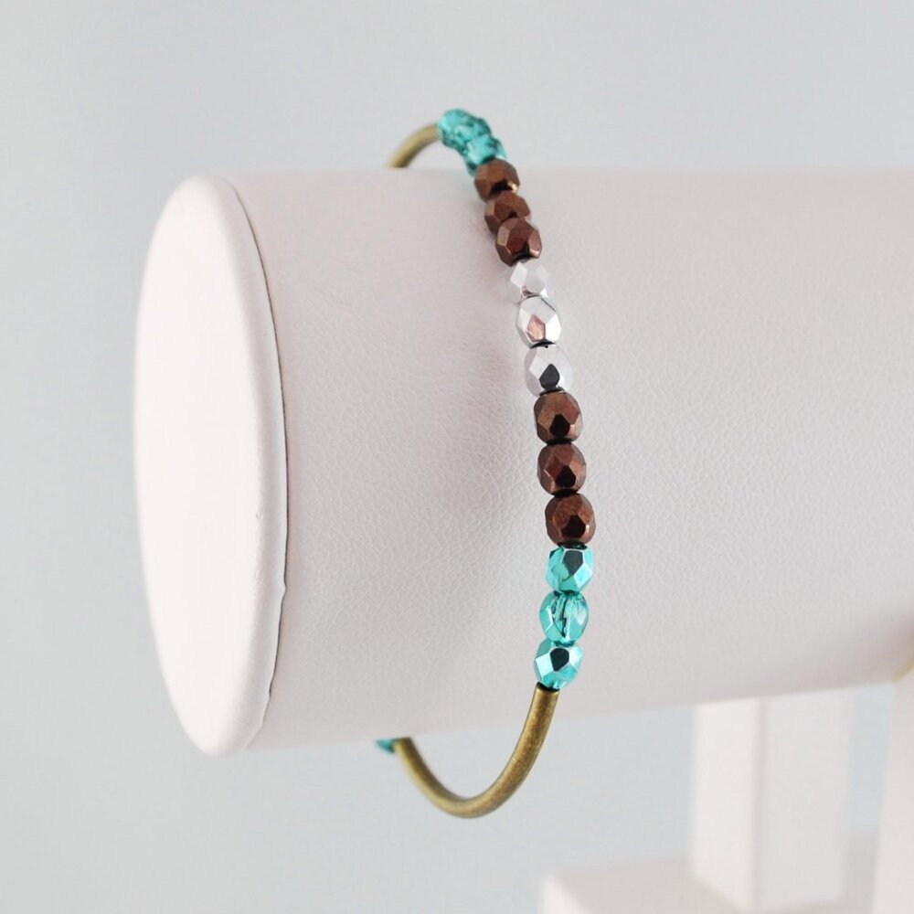 Antiqued Brass Bangle with Czech Glass Beads in Aqua Brown and Silver